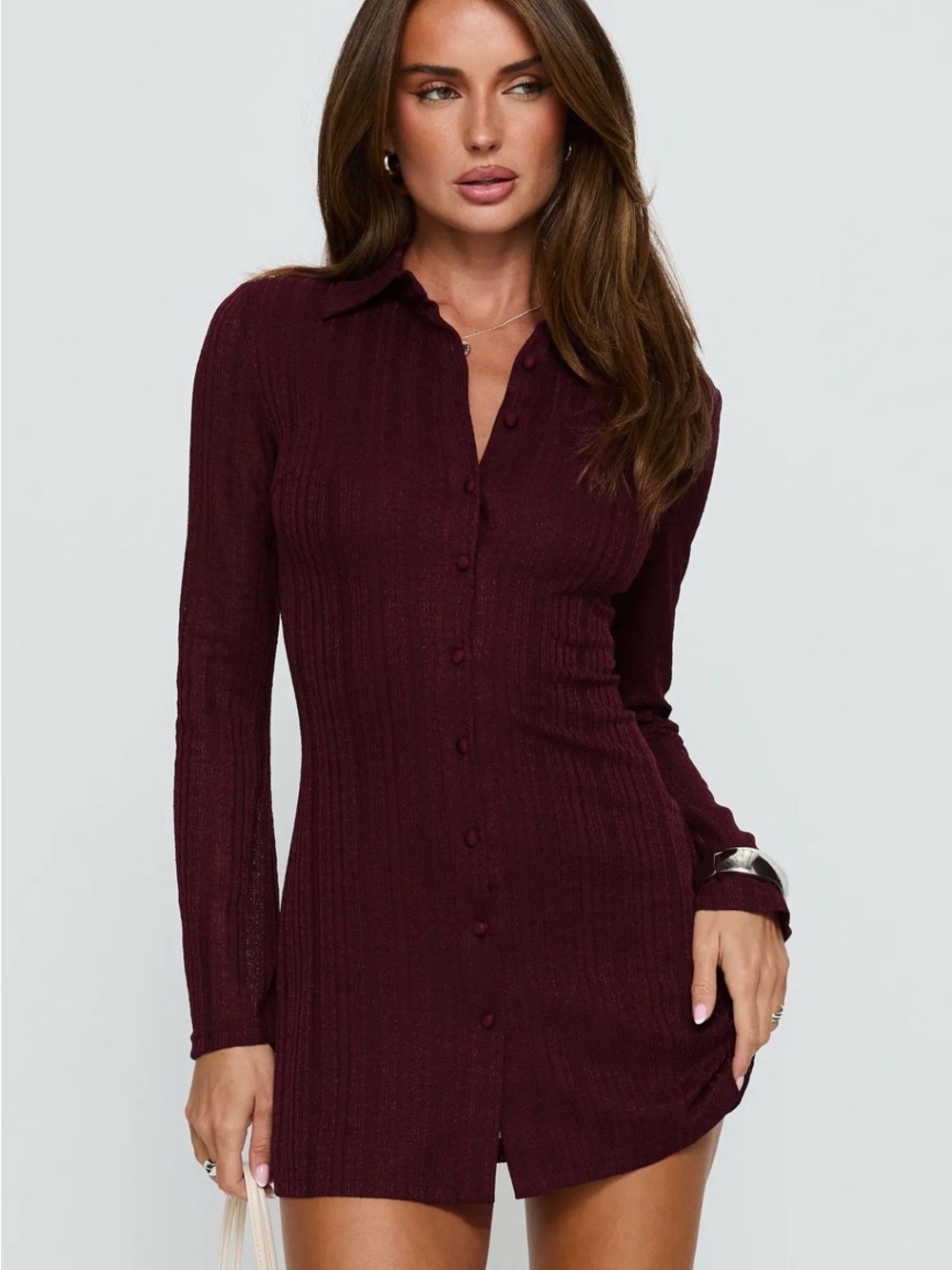 Princess Polly Long-Sleeve Button Mini Dress in Burgundy size 8 like new